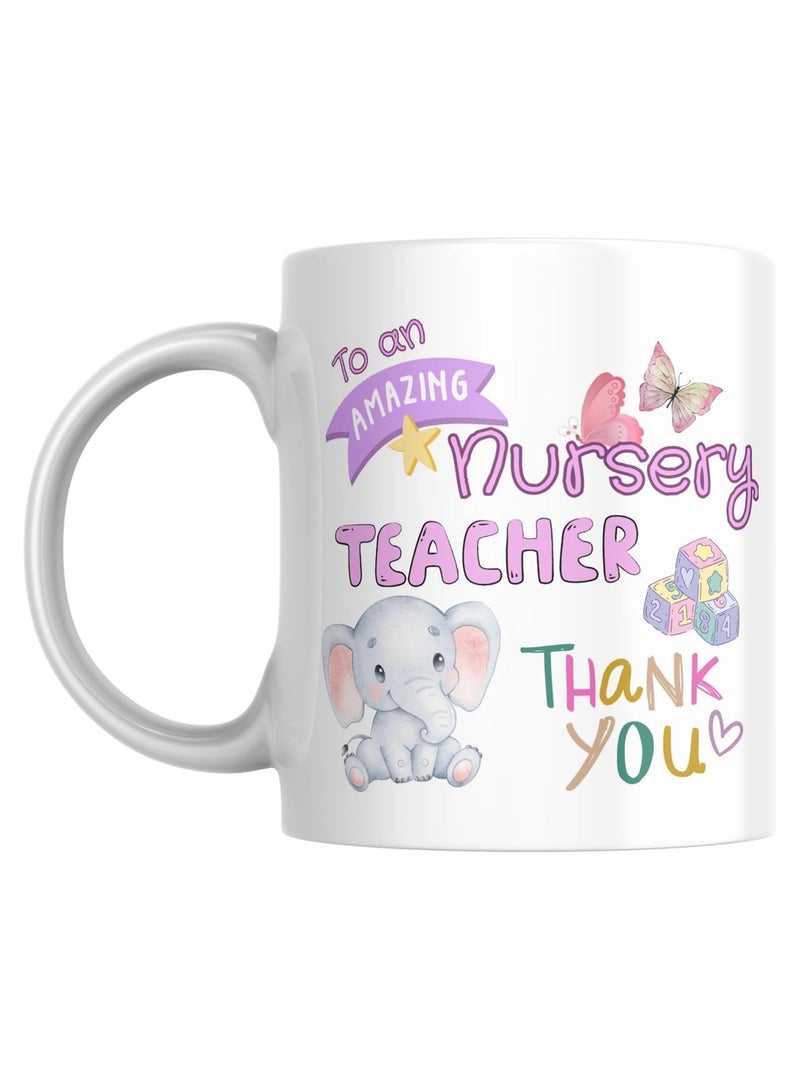 SiestaSafari Thank You Nursery Teacher Mug, Elephant with Butterfly and Dice Design by SiestaSafari, Gift for Nursery Teacher, End of Year, Teacher's Day, Teacher's Birthday, Teaching Colleague, Nursery Staff - Image 1